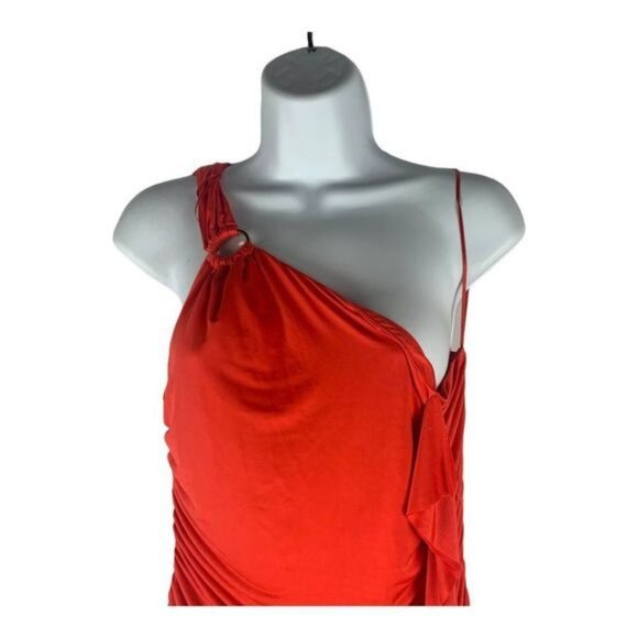 Zara Red One-Shoulder Maxi Dress With Ruched Detail & Ring Accent Size L - Picture 3 of 8